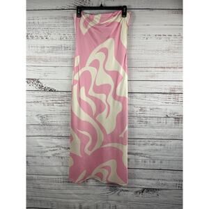 SNDYS. Dress Women's Medium Pink Geometric Satin Strapless Off Shoulder Maxi